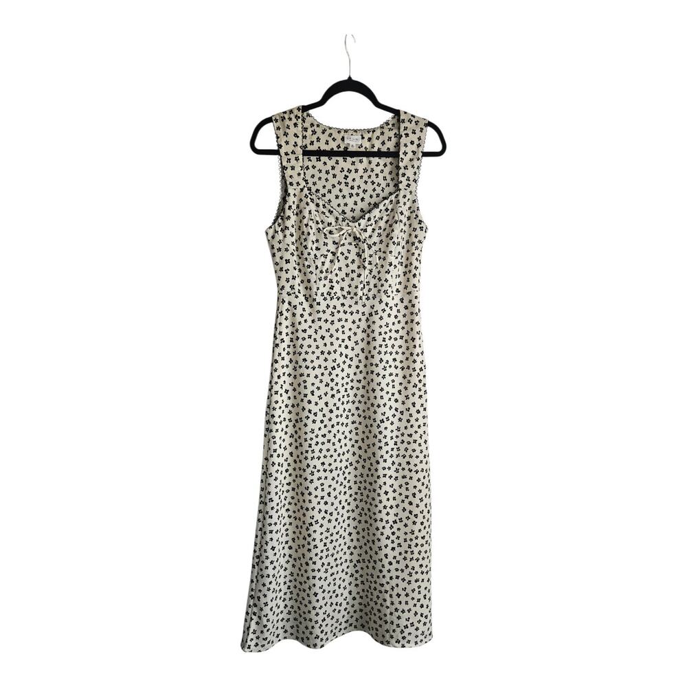 LELIS Dress Size M Sleeveless Sweetheart Neckline Floral Cream Black Side Zip